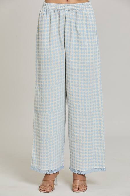 Naintara Bajaj_Blue Cotton Linen Block Printed Checkered Pant_Online_at_Aza_Fashions