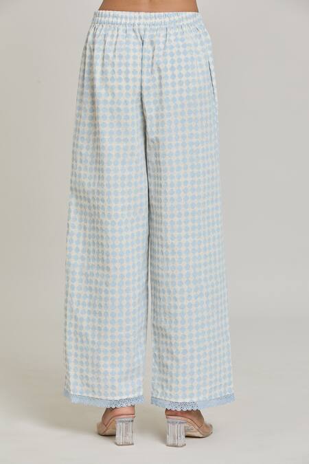 Shop_Naintara Bajaj_Blue Cotton Linen Block Printed Checkered Pant_Online_at_Aza_Fashions