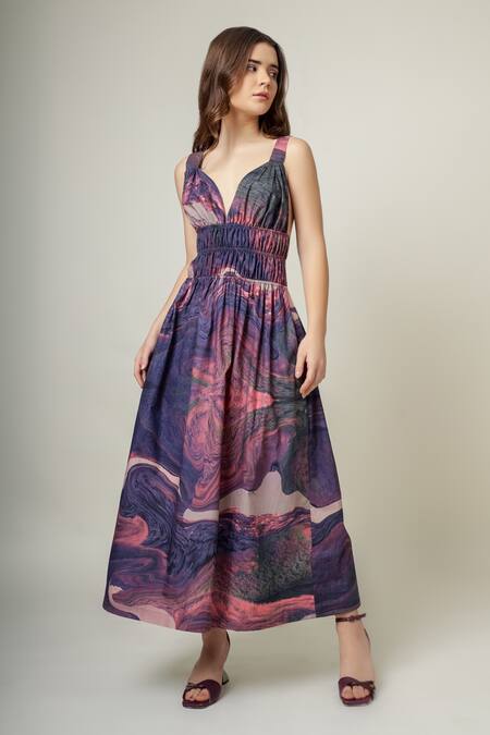Buy_Doodlage_Purple Cotton Sweetheart Neck Abstract Print Dress _Online_at_Aza_Fashions
