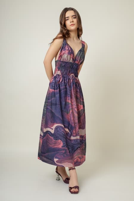 Shop_Doodlage_Purple Cotton Sweetheart Neck Abstract Print Dress _Online_at_Aza_Fashions