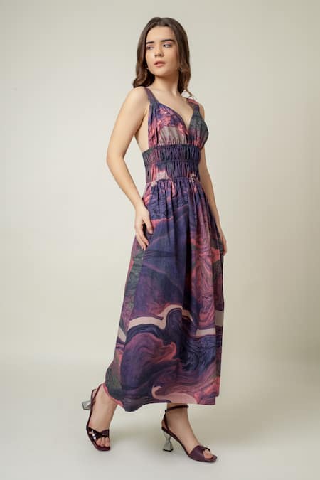 Doodlage_Purple Cotton Sweetheart Neck Abstract Print Dress _at_Aza_Fashions