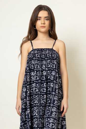 Doodlage_Black Cotton Square Neck Batik Print Dress _Online_at_Aza_Fashions