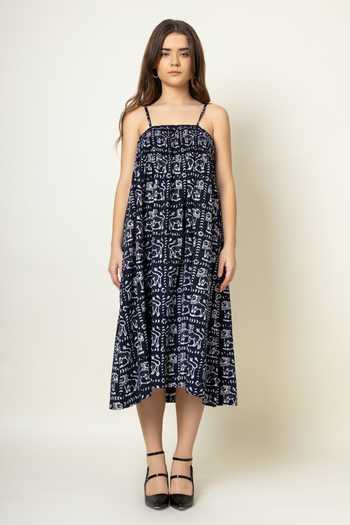 Buy_Doodlage_Black Cotton Square Neck Batik Print Dress _Online_at_Aza_Fashions