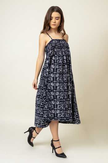 Shop_Doodlage_Black Cotton Square Neck Batik Print Dress _Online_at_Aza_Fashions