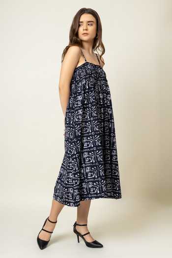 Doodlage_Black Cotton Square Neck Batik Print Dress _at_Aza_Fashions