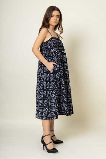 Buy_Doodlage_Black Cotton Square Neck Batik Print Dress 
