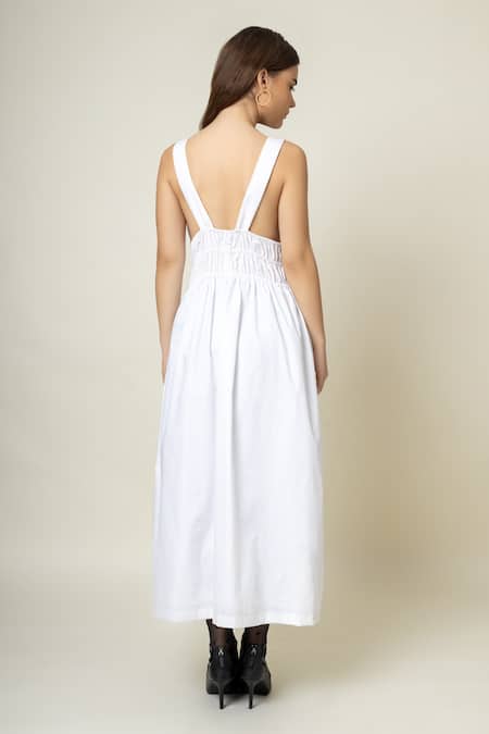 Shop Doodlage White Cotton V-neck Strappy Ruched Dress at Aza Fashions Shop_Doodlage_White Cotton V-neck Strappy Ruched Dress _at_Aza_Fashions