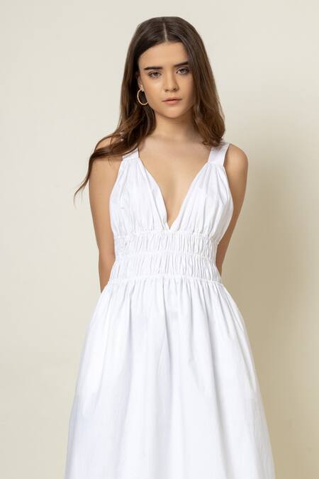 Doodlage White Cotton V-neck Strappy Ruched Dress Online at Aza Fashions Doodlage_White Cotton V-neck Strappy Ruched Dress _Online_at_Aza_Fashions