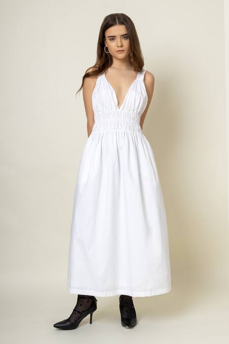 Buy Doodlage White Cotton V-neck Strappy Ruched Dress Online at Aza Fashions Buy_Doodlage_White Cotton V-neck Strappy Ruched Dress _Online_at_Aza_Fashions