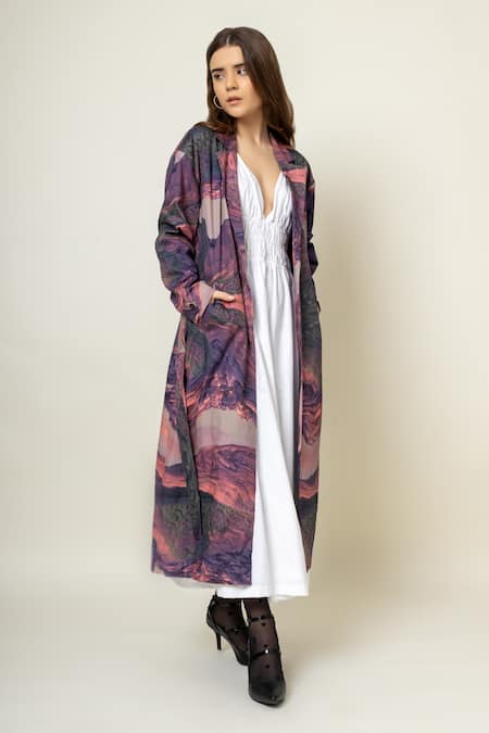 Doodlage_Purple Cotton Collared Abstract Print Trench Coat _Online_at_Aza_Fashions