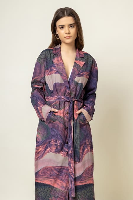 Buy_Doodlage_Purple Cotton Collared Abstract Print Trench Coat _Online_at_Aza_Fashions
