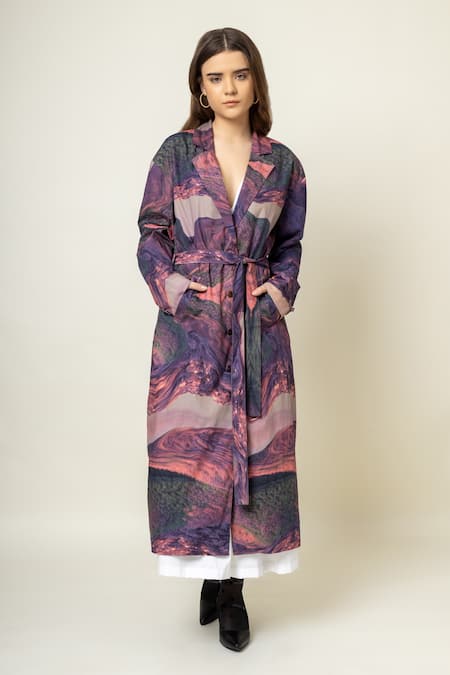Shop_Doodlage_Purple Cotton Collared Abstract Print Trench Coat _Online_at_Aza_Fashions