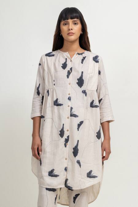 Shop Doodlage Cream Cotton, Linen Round Neck Floral Print Tunic And Pant Set Online at Aza Fashions Shop_Doodlage_Cream Cotton, Linen Round Neck Floral Print Tunic And Pant Set _Online_at_Aza_Fashions