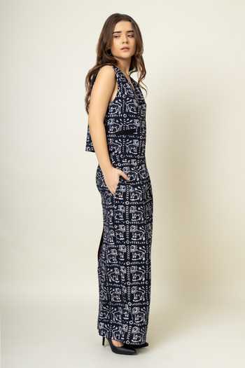Doodlage_Black Upcycled Cotton Printed Batik V Waistcoat And Skirt Set _Online_at_Aza_Fashions