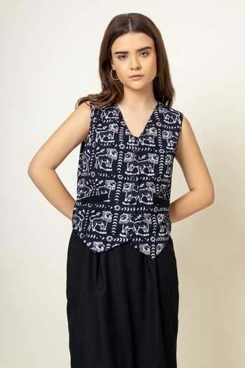 Buy_Doodlage_Black Upcycled Cotton Printed Batik V Waistcoat And Skirt Set _Online_at_Aza_Fashions