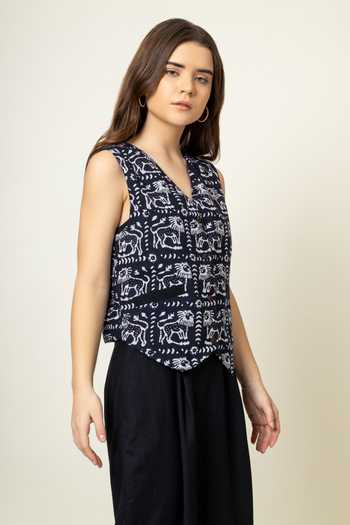 Shop_Doodlage_Black Upcycled Cotton Printed Batik V Waistcoat And Skirt Set _Online_at_Aza_Fashions