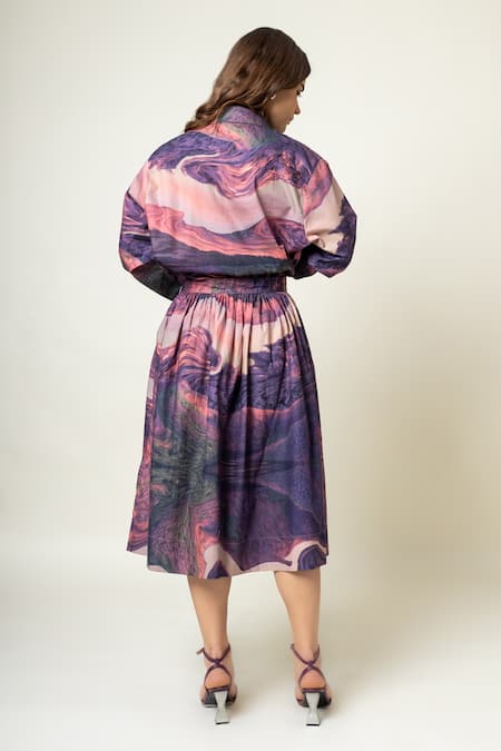 Shop Doodlage Purple Upcycled Cotton Printed Abstract Collar Shirt And Gathered Skirt Set at Aza Fashions Shop_Doodlage_Purple Upcycled Cotton Printed Abstract Collar Shirt And Gathered Skirt Set _at_Aza_Fashions
