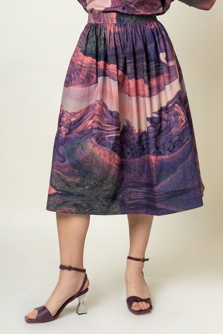 Doodlage Purple Upcycled Cotton Printed Abstract Collar Shirt And Gathered Skirt Set Online at Aza Fashions Doodlage_Purple Upcycled Cotton Printed Abstract Collar Shirt And Gathered Skirt Set _Online_at_Aza_Fashions