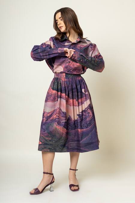 Buy Doodlage Purple Upcycled Cotton Printed Abstract Collar Shirt And Gathered Skirt Set Online at Aza Fashions Buy_Doodlage_Purple Upcycled Cotton Printed Abstract Collar Shirt And Gathered Skirt Set _Online_at_Aza_Fashions