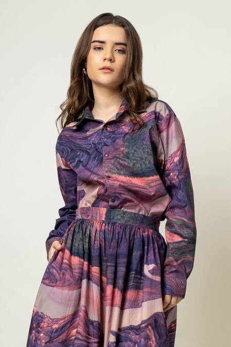 Shop Doodlage Purple Upcycled Cotton Printed Abstract Collar Shirt And Gathered Skirt Set Online at Aza Fashions Shop_Doodlage_Purple Upcycled Cotton Printed Abstract Collar Shirt And Gathered Skirt Set _Online_at_Aza_Fashions