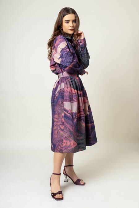Doodlage Purple Upcycled Cotton Printed Abstract Collar Shirt And Gathered Skirt Set at Aza Fashions Doodlage_Purple Upcycled Cotton Printed Abstract Collar Shirt And Gathered Skirt Set _at_Aza_Fashions