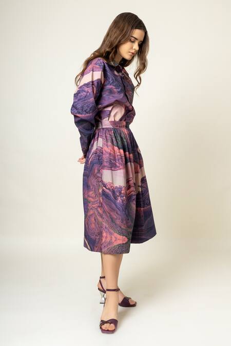 Buy Doodlage Purple Upcycled Cotton Printed Abstract Collar Shirt And Gathered Skirt Set Buy_Doodlage_Purple Upcycled Cotton Printed Abstract Collar Shirt And Gathered Skirt Set