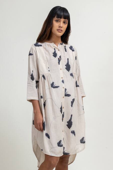 Doodlage_Cream Upcycled Cotton Linen Printed Floral Round Tunic _Online_at_Aza_Fashions
