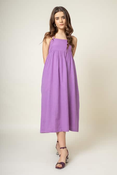 Buy_Doodlage_Purple Cotton Square Neck Strappy Smocked Dress _Online_at_Aza_Fashions