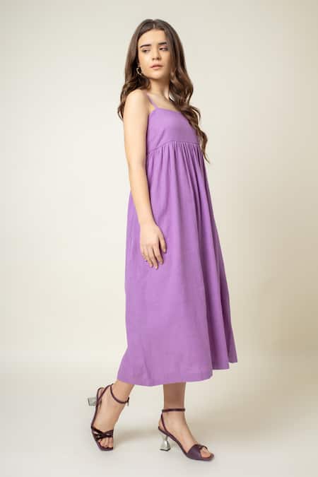 Shop_Doodlage_Purple Cotton Square Neck Strappy Smocked Dress _Online_at_Aza_Fashions