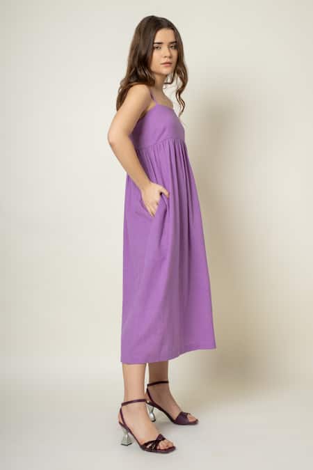 Doodlage_Purple Cotton Square Neck Strappy Smocked Dress _at_Aza_Fashions
