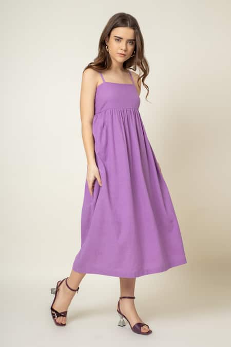 Buy_Doodlage_Purple Cotton Square Neck Strappy Smocked Dress 