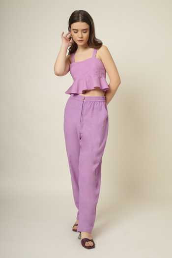 Buy_Doodlage_Purple Organic Cotton Plain Sweetheart Neck Crop Top And Pant Set _Online_at_Aza_Fashions