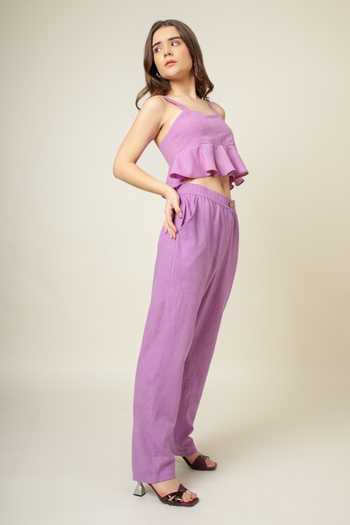 Doodlage_Purple Organic Cotton Plain Sweetheart Neck Crop Top And Pant Set _at_Aza_Fashions