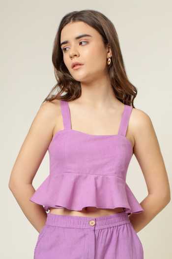 Buy_Doodlage_Purple Organic Cotton Plain Sweetheart Neck Crop Top And Pant Set 