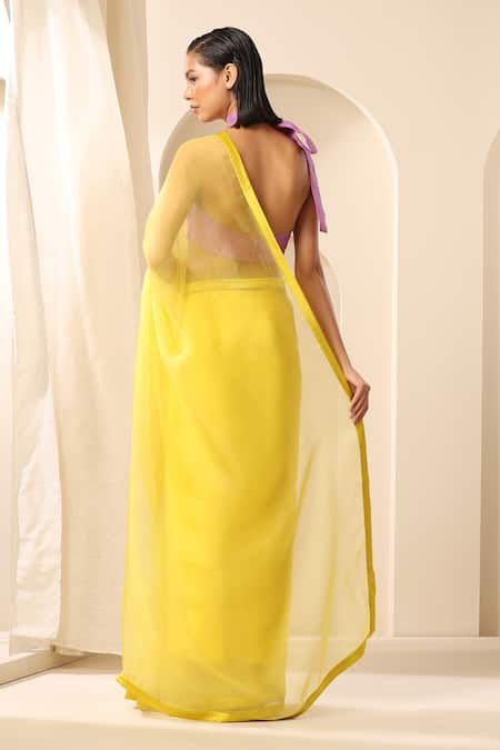 Shop_Weaver Story_Yellow Organza Satin Border Plain Saree _at_Aza_Fashions