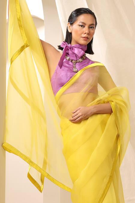 Weaver Story_Yellow Organza Satin Border Plain Saree _Online_at_Aza_Fashions
