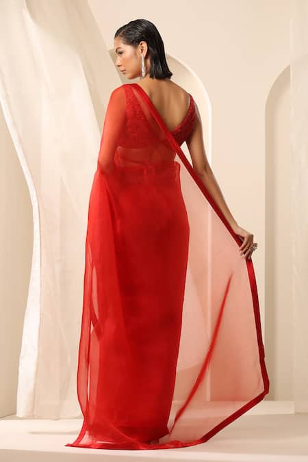 Shop_Weaver Story_Red Organza Pure Saree _at_Aza_Fashions