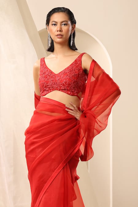 Weaver Story_Red Organza Pure Saree _Online_at_Aza_Fashions