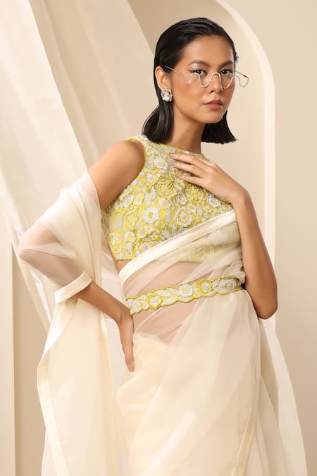 Weaver Story_Off White Organza Handcrafted Saree _Online_at_Aza_Fashions