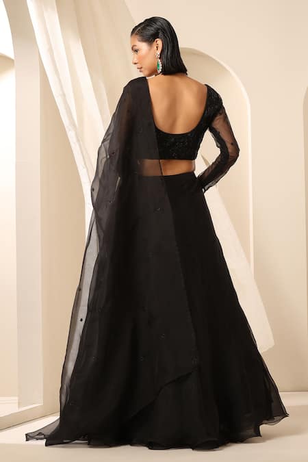 Shop_Weaver Story_Black Organza Cut Work, Embroidery Scoop Neck Lehenga And Tonal Blouse Set _at_Aza_Fashions