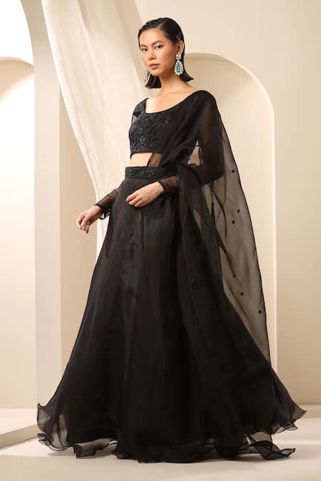 Weaver Story_Black Organza Cut Work, Embroidery Scoop Neck Lehenga And Tonal Blouse Set _Online_at_Aza_Fashions