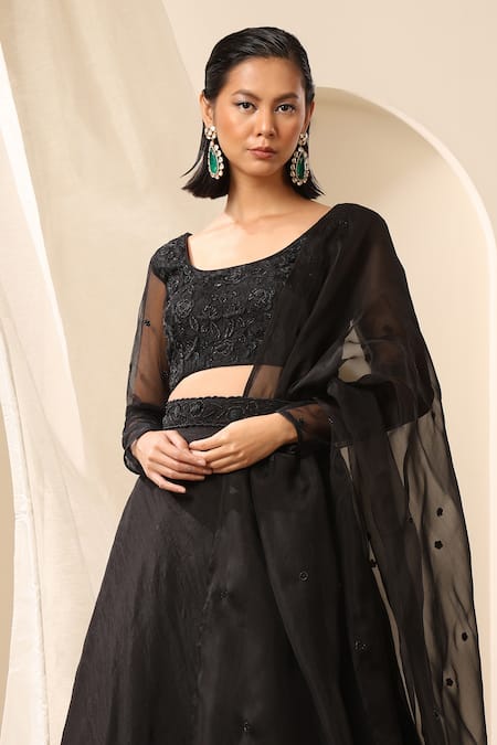 Buy_Weaver Story_Black Organza Cut Work, Embroidery Scoop Neck Lehenga And Tonal Blouse Set _Online_at_Aza_Fashions