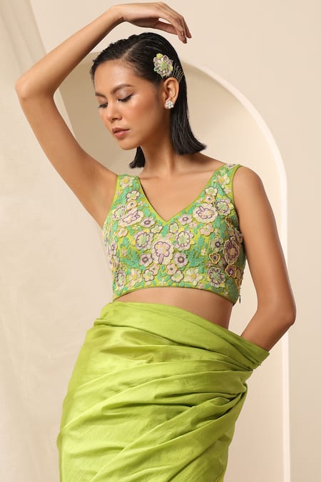 Weaver Story Green Net Embroidered Bead V Neck Floral Saree Blouse 