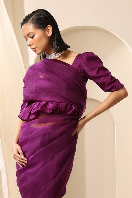 Weaver Story_Purple Silk Square Neck Pure Puffed Sleeve Blouse_Online_at_Aza_Fashions