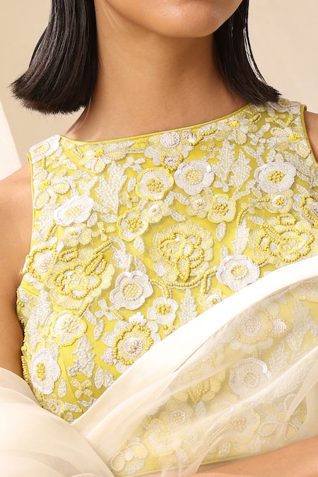 Weaver Story_Yellow Net Beads Round Neck Embroidered Sleeveless Blouse_Online_at_Aza_Fashions