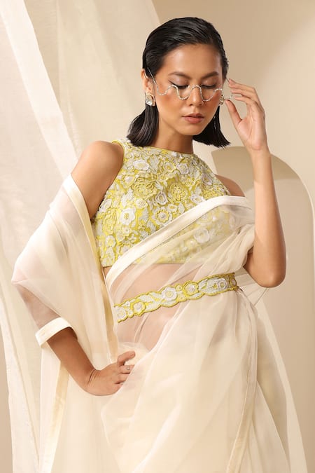 Buy_Weaver Story_Yellow Net Beads Round Neck Embroidered Sleeveless Blouse_Online_at_Aza_Fashions