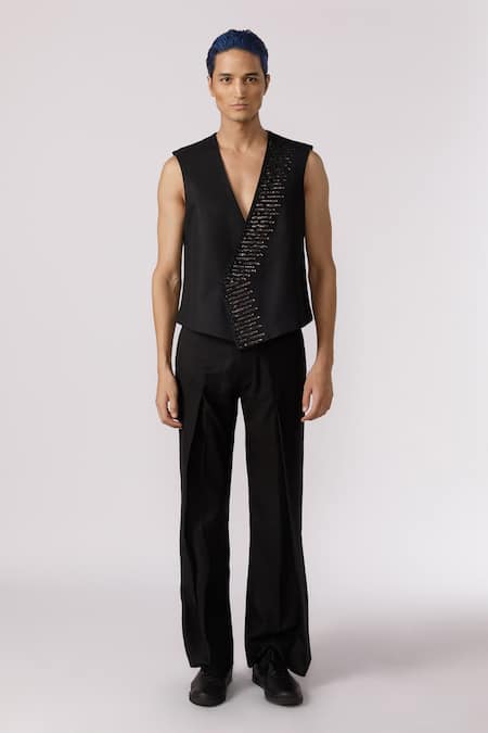 Line Out Line_Black Cotton Embroidered Pitta Border Vest_Online_at_Aza_Fashions