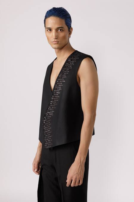Shop_Line Out Line_Black Cotton Embroidered Pitta Border Vest_Online_at_Aza_Fashions