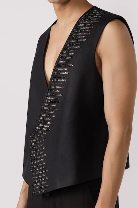 Line Out Line_Black Cotton Embroidered Pitta Border Vest_at_Aza_Fashions
