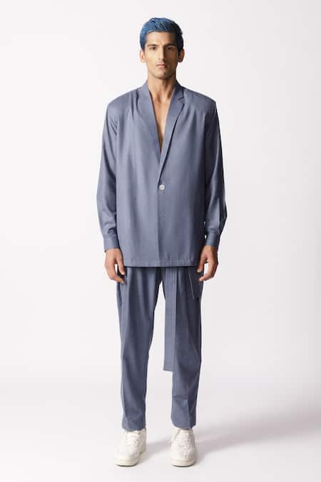 Line Out Line_Grey Cotton Solid Shacket_Online_at_Aza_Fashions